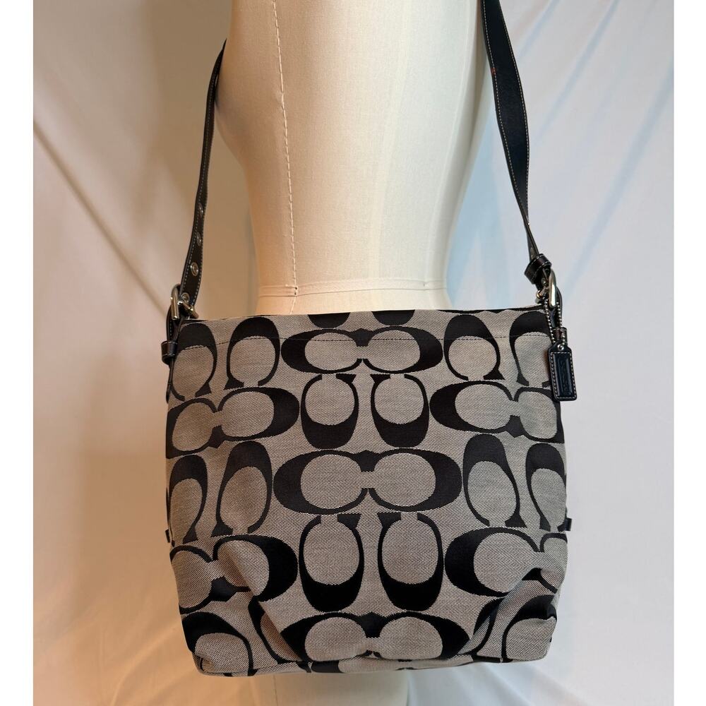 Coach Signature Canvas Shoulder Bag Black Gray Monogram Crossbody Purse Classic